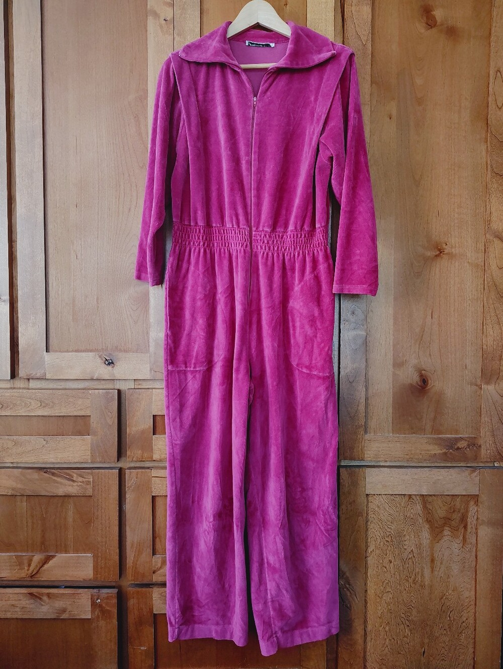Vintage 70s 80s Saks Fifth Avenue Fuchsia Pink Velour Jumpsuit M/L